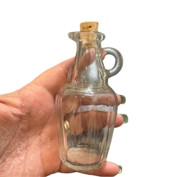 Vintage Clear Glass Miniature Bottle With Cork Stopper & Handle 3.5 Inches Tall - Picture 1 of 8